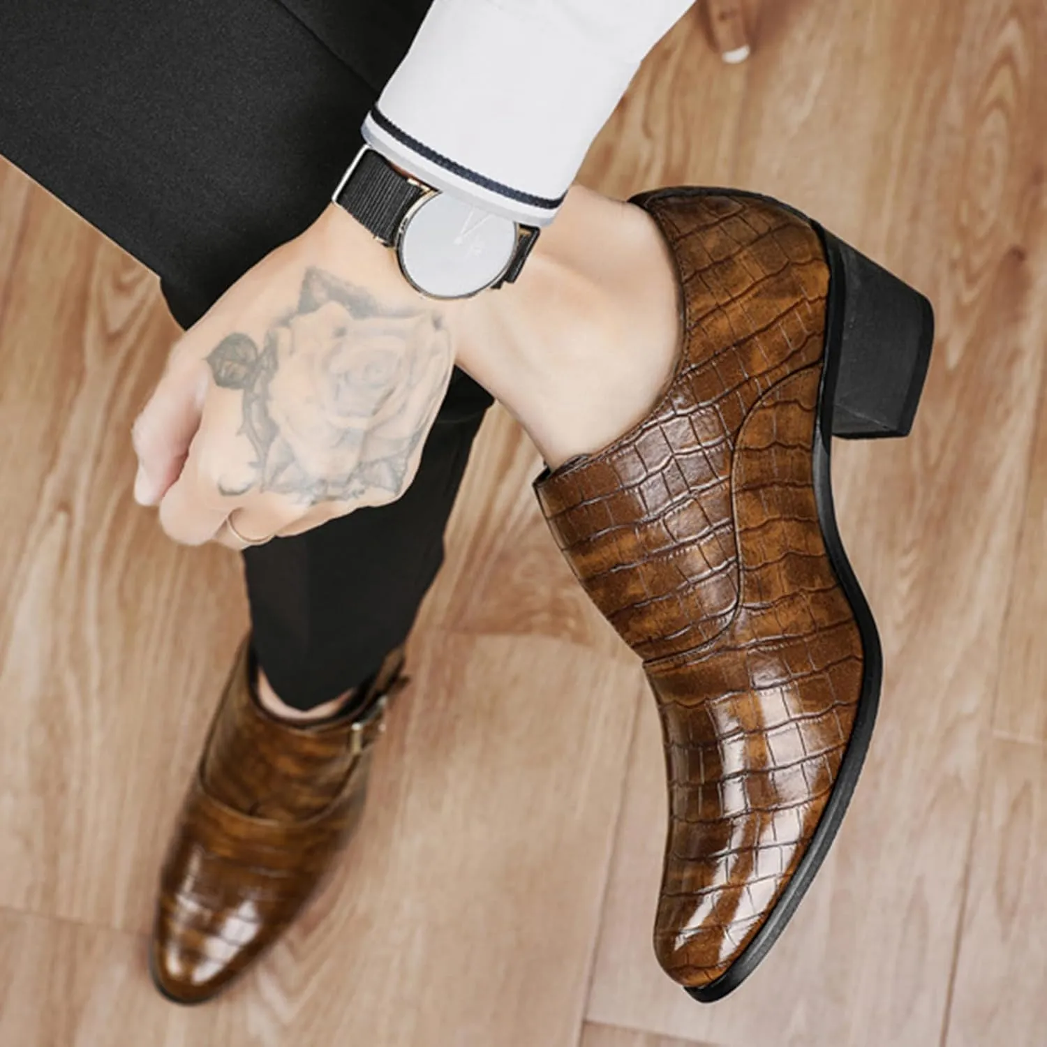 Men's Stone Pattern Chunky Heel Monk Strap Loafers Fashion Classic Pointed Toe Slip On Low Top Chelsea Business Dress Oxford Shoes