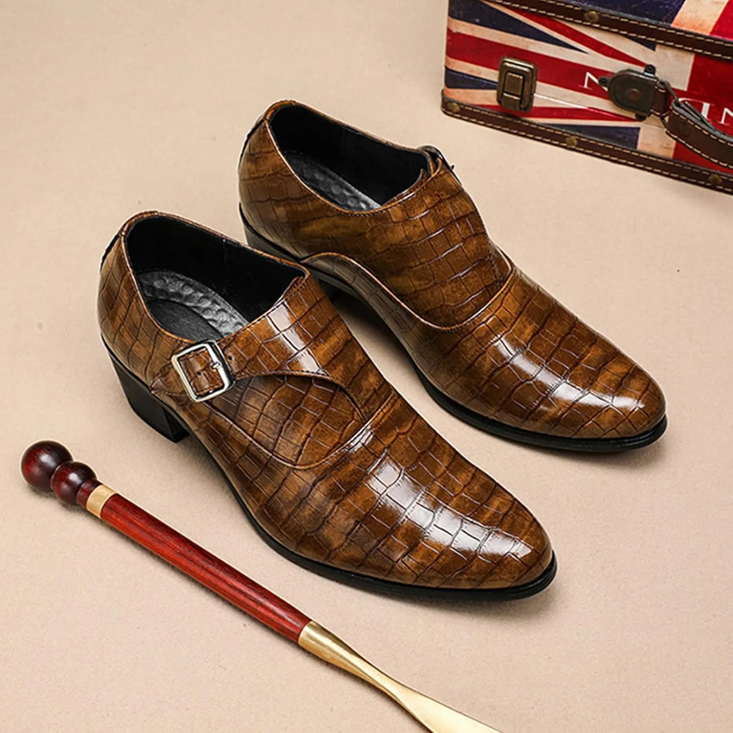 Men's Stone Pattern Chunky Heel Monk Strap Loafers Fashion Classic Pointed Toe Slip On Low Top Chelsea Business Dress Oxford Shoes