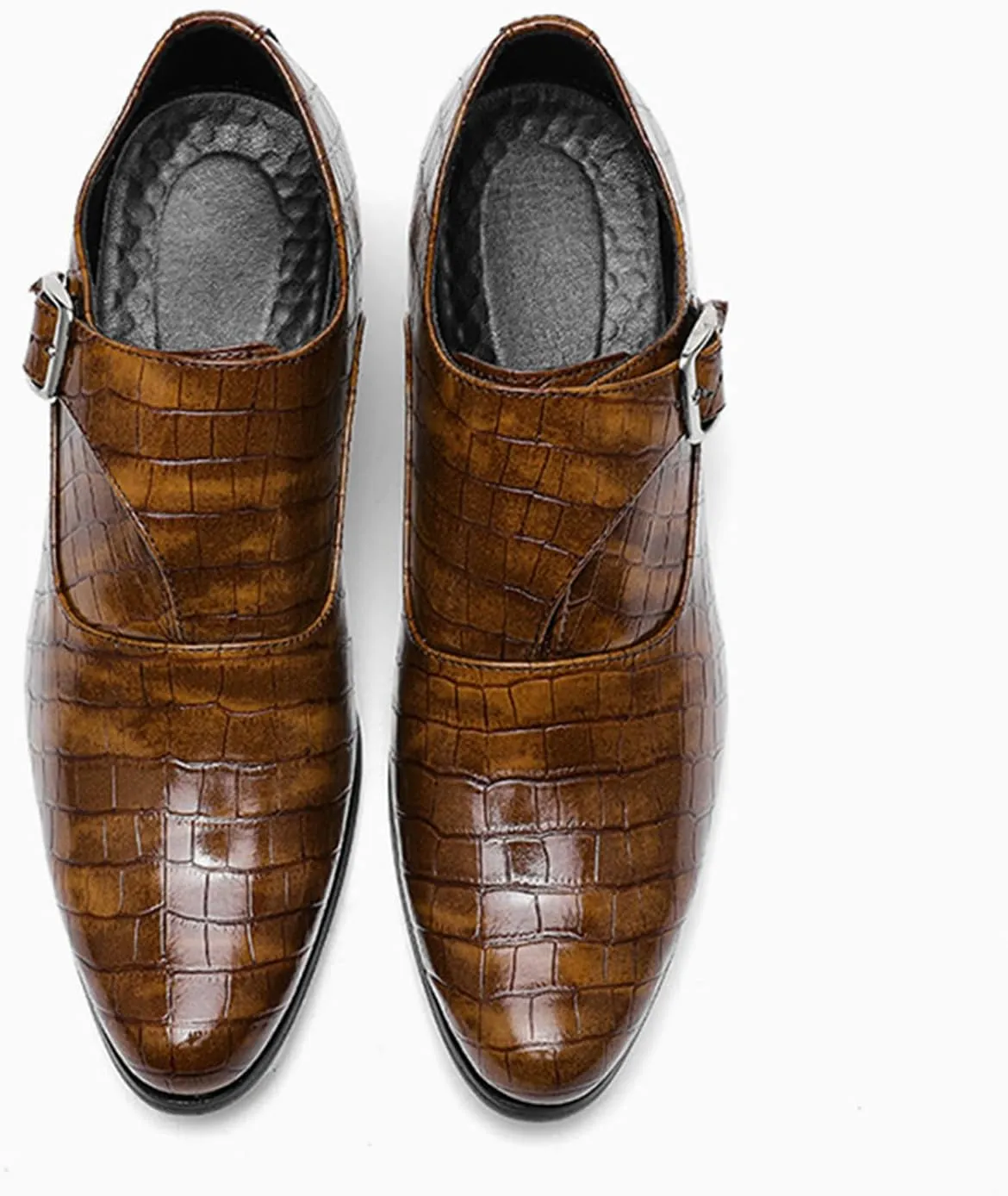 Men's Stone Pattern Chunky Heel Monk Strap Loafers Fashion Classic Pointed Toe Slip On Low Top Chelsea Business Dress Oxford Shoes