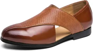 Men's Summer Business Genuine Leather Hollow Loafers Fashionable Retro Round Toe Slip-On Flat Breathable Comfortable Formal Leather Shoes for Men