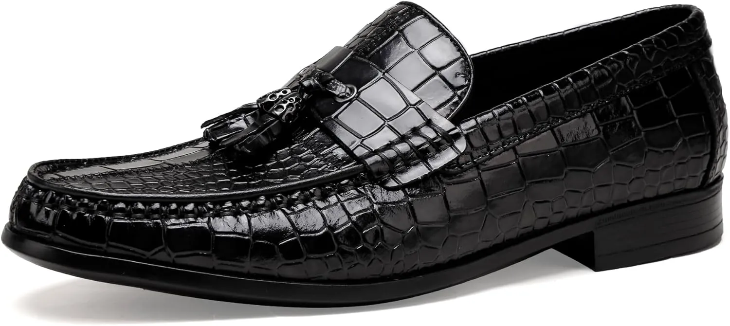 Men's Tassel Loafer Classic Leather Crocodile Pattern Dress Shoes with Tassel