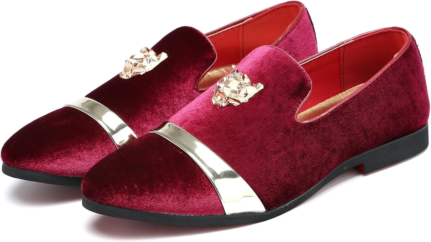 Mens Velvet Loafers Slippers with Gold Buckle Wedding Dress Shoes Slip-on Smoking Flats Black Blue Red