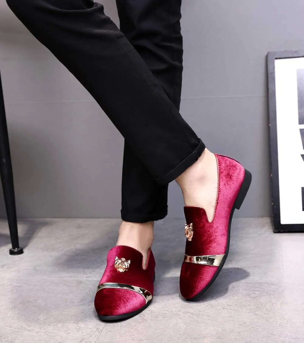 Mens Velvet Loafers Slippers with Gold Buckle Wedding Dress Shoes Slip-on Smoking Flats Black Blue Red