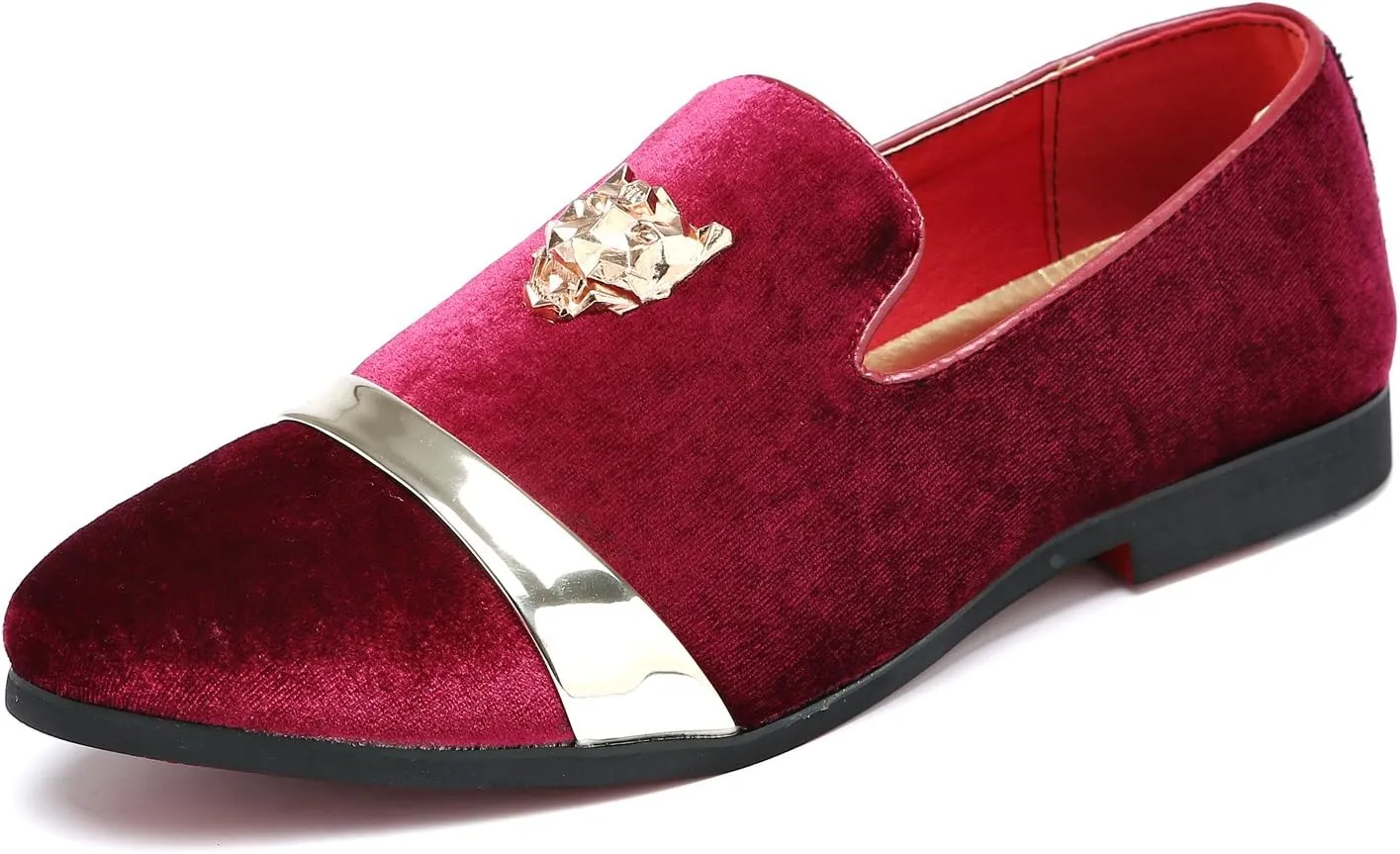 Mens Velvet Loafers Slippers with Gold Buckle Wedding Dress Shoes Slip-on Smoking Flats Black Blue Red