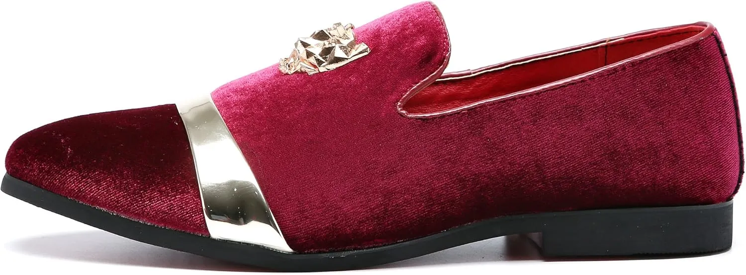 Mens Velvet Loafers Slippers with Gold Buckle Wedding Dress Shoes Slip-on Smoking Flats Black Blue Red