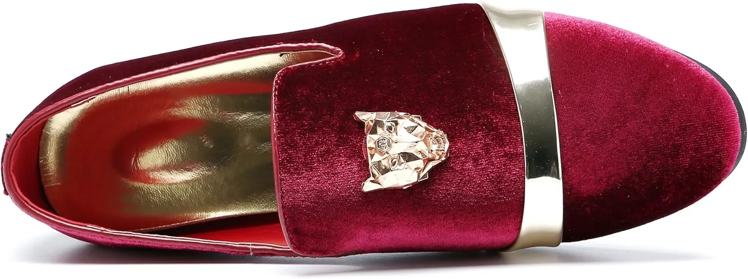 Mens Velvet Loafers Slippers with Gold Buckle Wedding Dress Shoes Slip-on Smoking Flats Black Blue Red