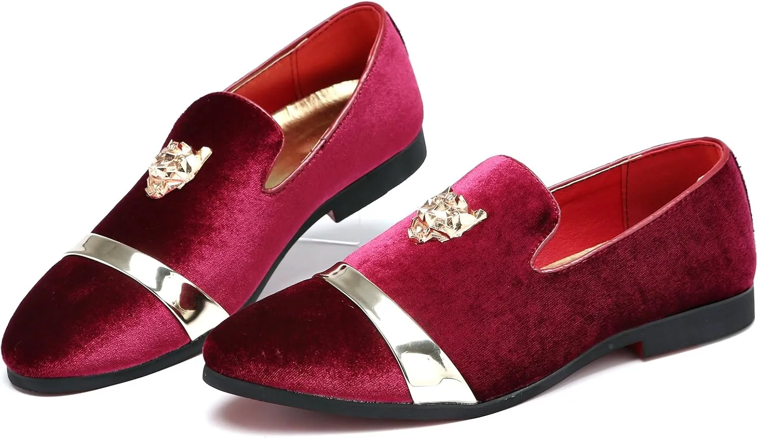 Mens Velvet Loafers Slippers with Gold Buckle Wedding Dress Shoes Slip-on Smoking Flats Black Blue Red