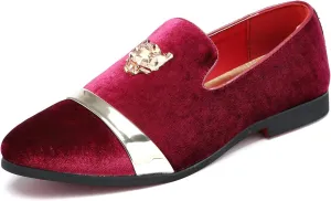 Mens Velvet Loafers Slippers with Gold Buckle Wedding Dress Shoes Slip-on Smoking Flats Black Blue Red