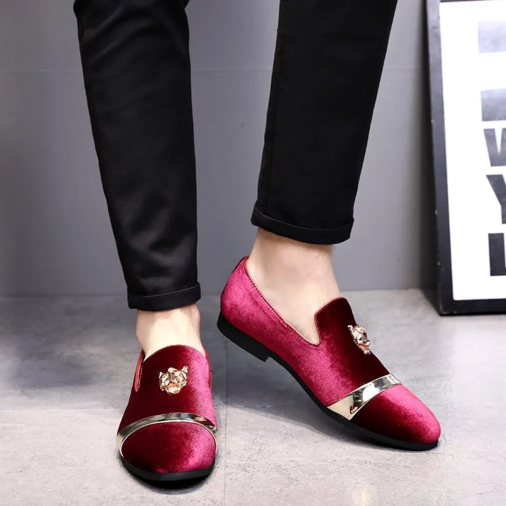 Mens Velvet Loafers Slippers with Gold Buckle Wedding Dress Shoes Slip-on Smoking Flats Black Blue Red