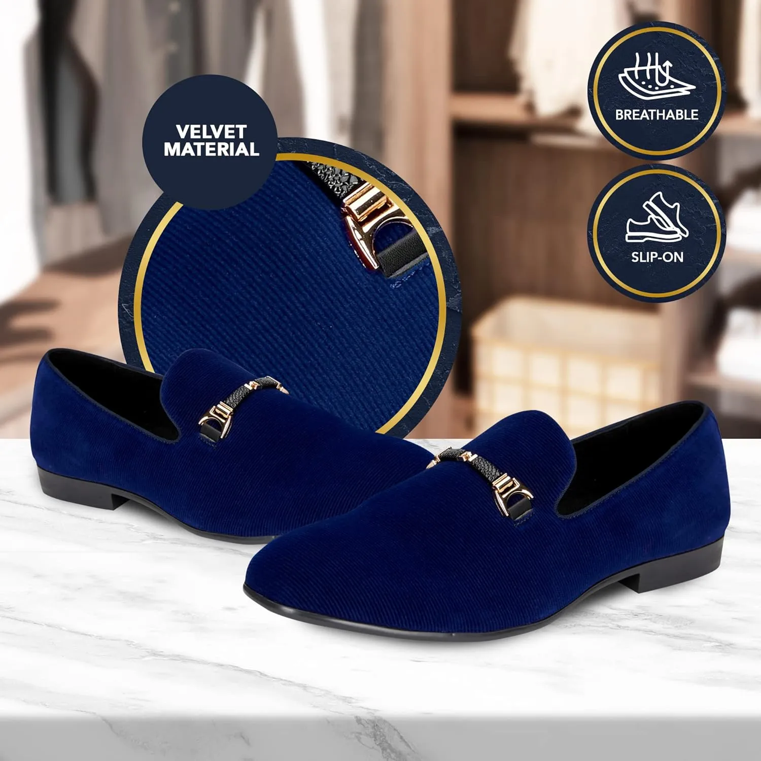 Men’s Velvet Shoes Slip-On Loafers for Men with Gold Black Buckle-Dancing & Wedding Dress Velvet Shoes-Comfortable Velvet Classic Tuxedo Loafers-Vintage Fashion Round Toe Shoes