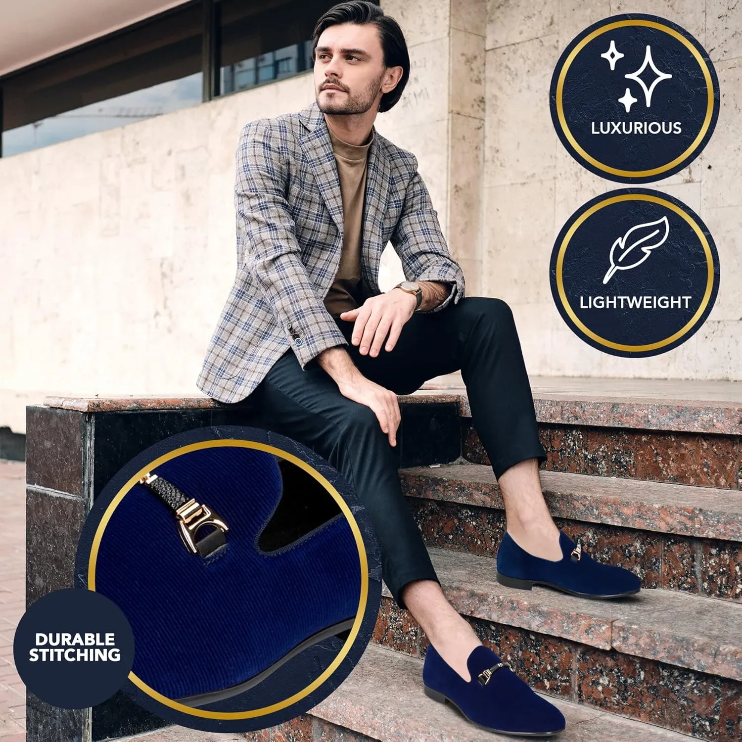 Men’s Velvet Shoes Slip-On Loafers for Men with Gold Black Buckle-Dancing & Wedding Dress Velvet Shoes-Comfortable Velvet Classic Tuxedo Loafers-Vintage Fashion Round Toe Shoes