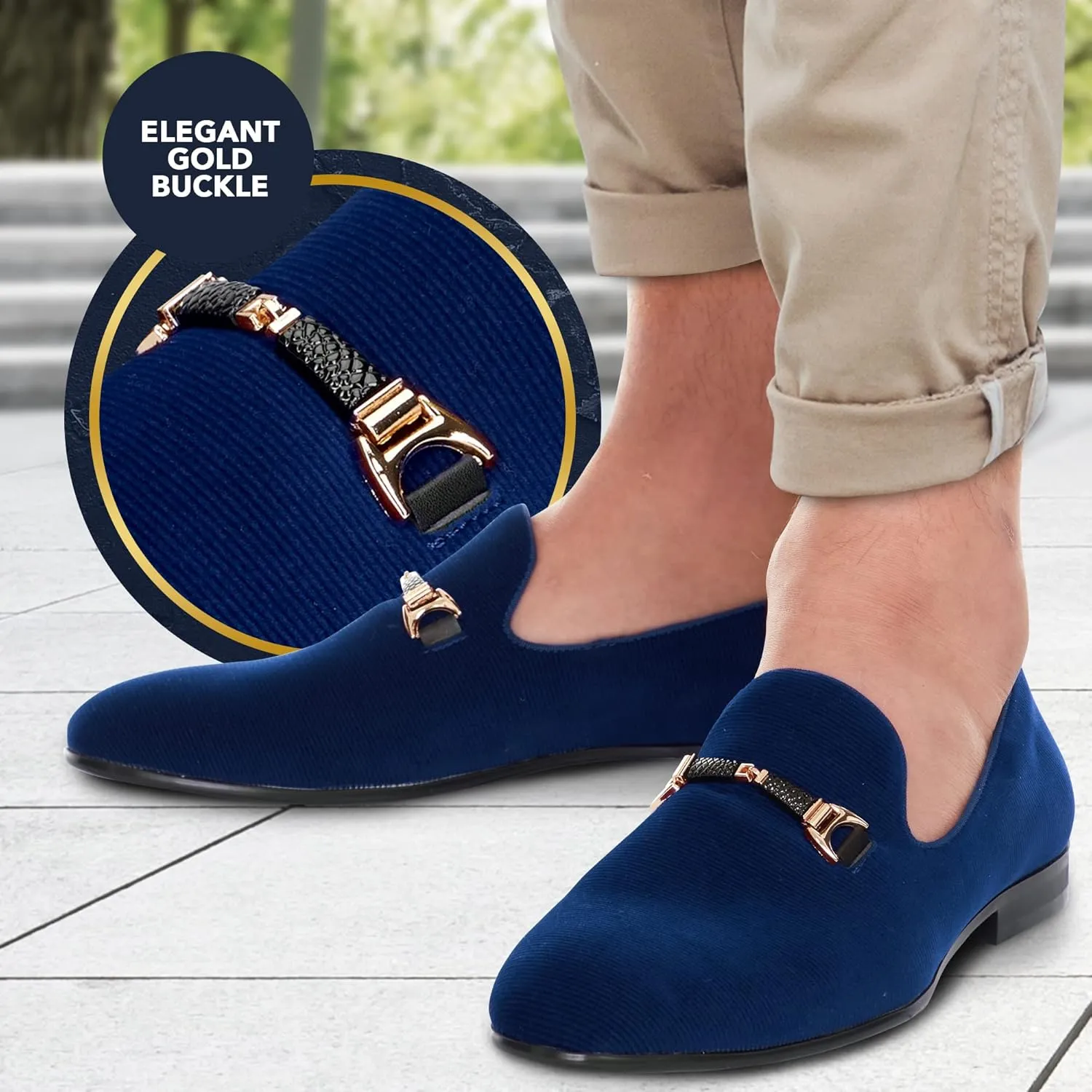 Men’s Velvet Shoes Slip-On Loafers for Men with Gold Black Buckle-Dancing & Wedding Dress Velvet Shoes-Comfortable Velvet Classic Tuxedo Loafers-Vintage Fashion Round Toe Shoes
