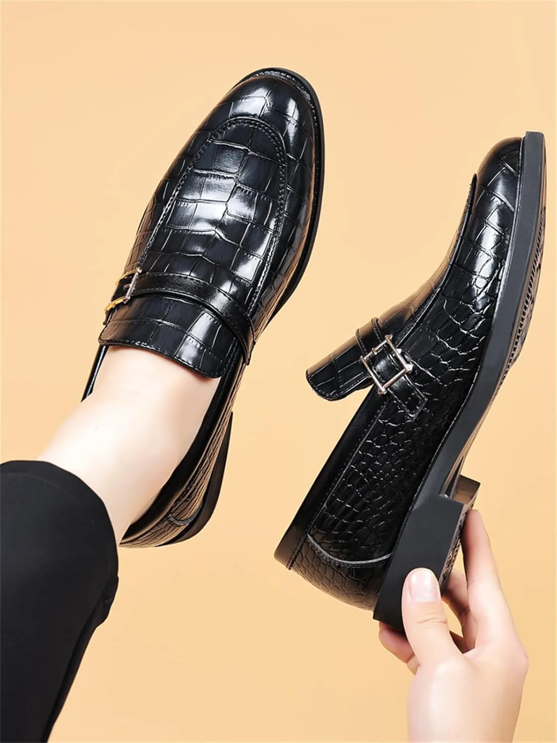 Men's Vintage Crocodile Print Strap Slip On Dress Shoes Formal Leather Loafers Business Casual Oxford