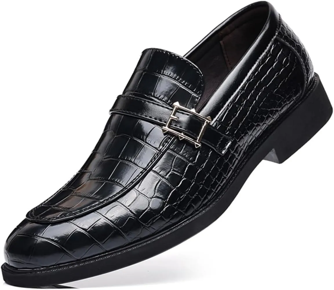 Men's Vintage Crocodile Print Strap Slip On Dress Shoes Formal Leather Loafers Business Casual Oxford