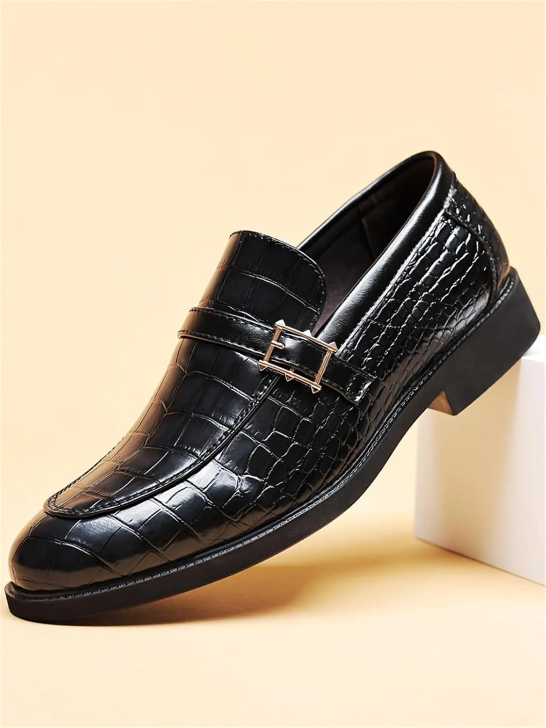 Men's Vintage Crocodile Print Strap Slip On Dress Shoes Formal Leather Loafers Business Casual Oxford