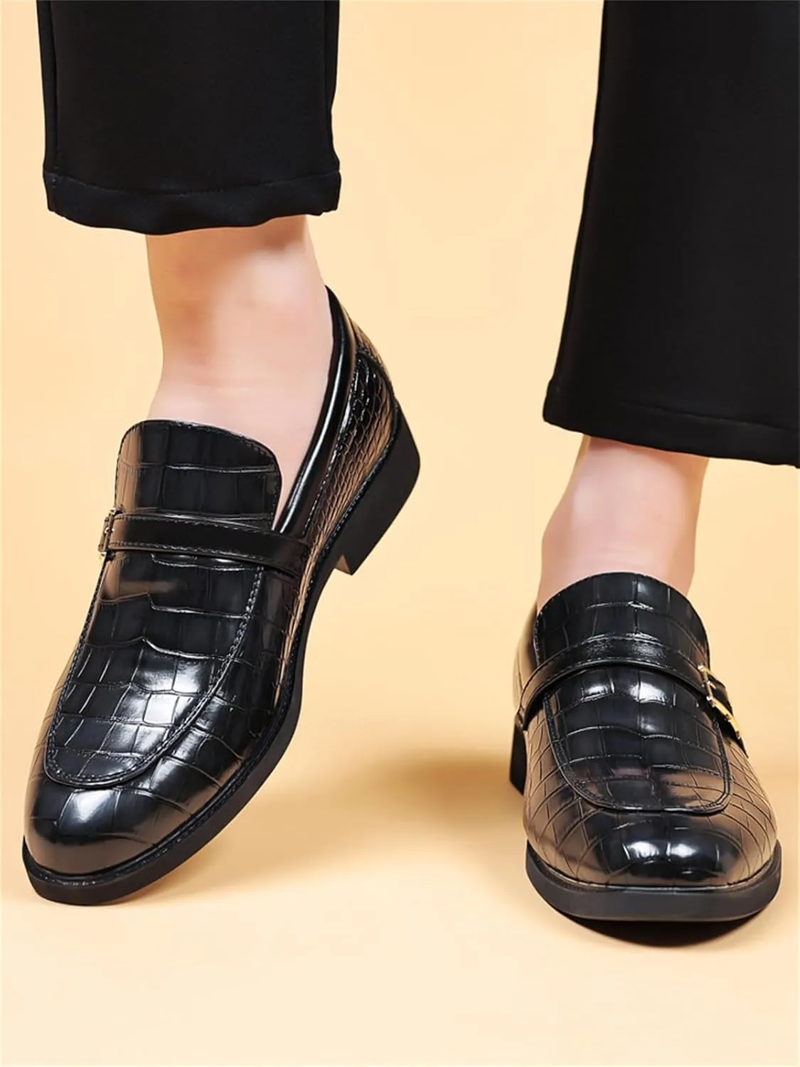 Men's Vintage Crocodile Print Strap Slip On Dress Shoes Formal Leather Loafers Business Casual Oxford