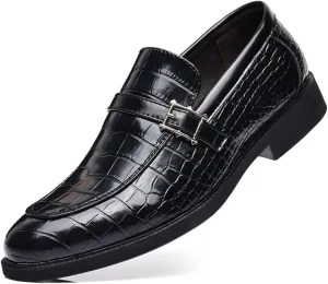 Men's Vintage Crocodile Print Strap Slip On Dress Shoes Formal Leather Loafers Business Casual Oxford