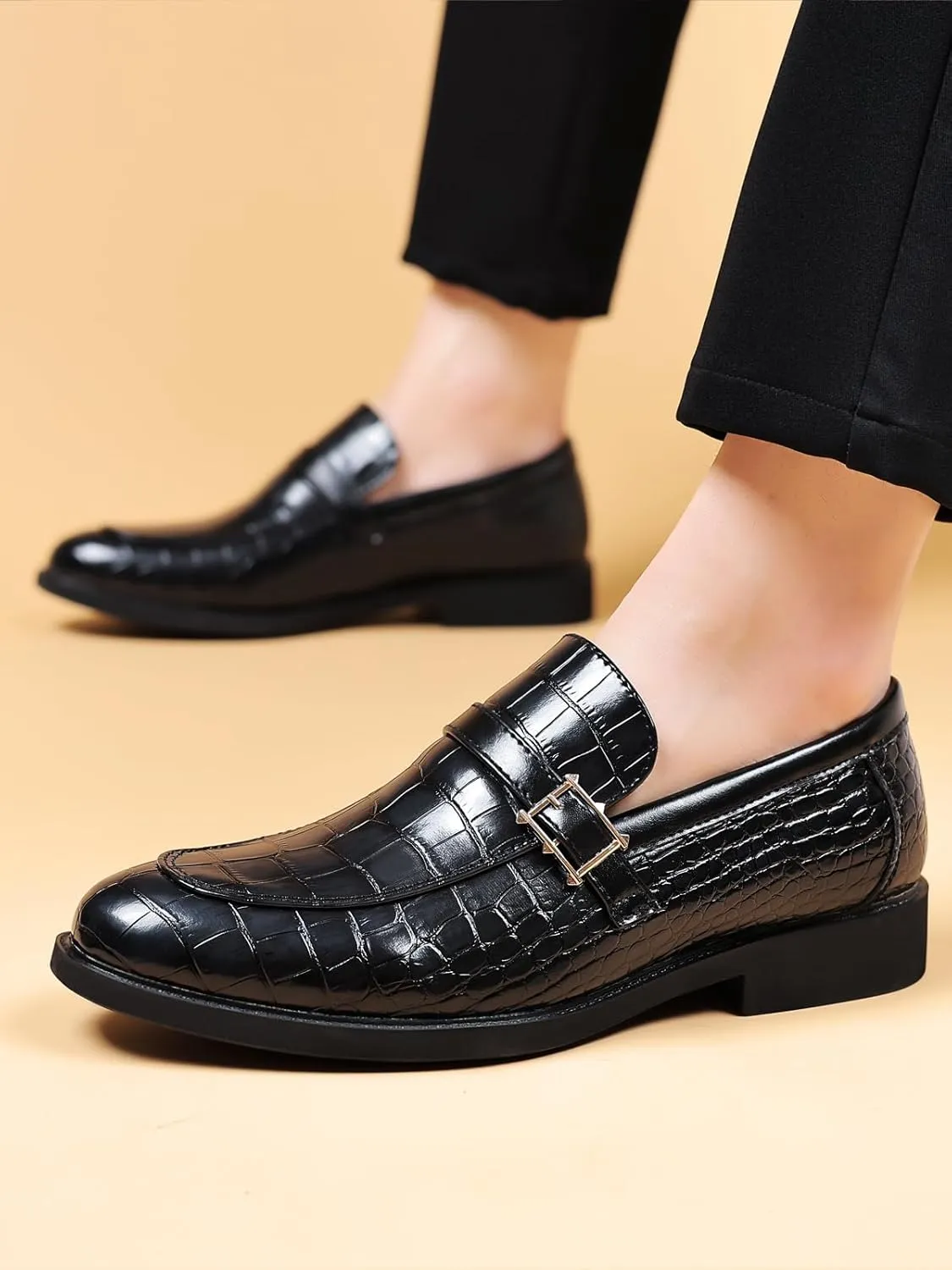 Men's Vintage Crocodile Print Strap Slip On Dress Shoes Formal Leather Loafers Business Casual Oxford
