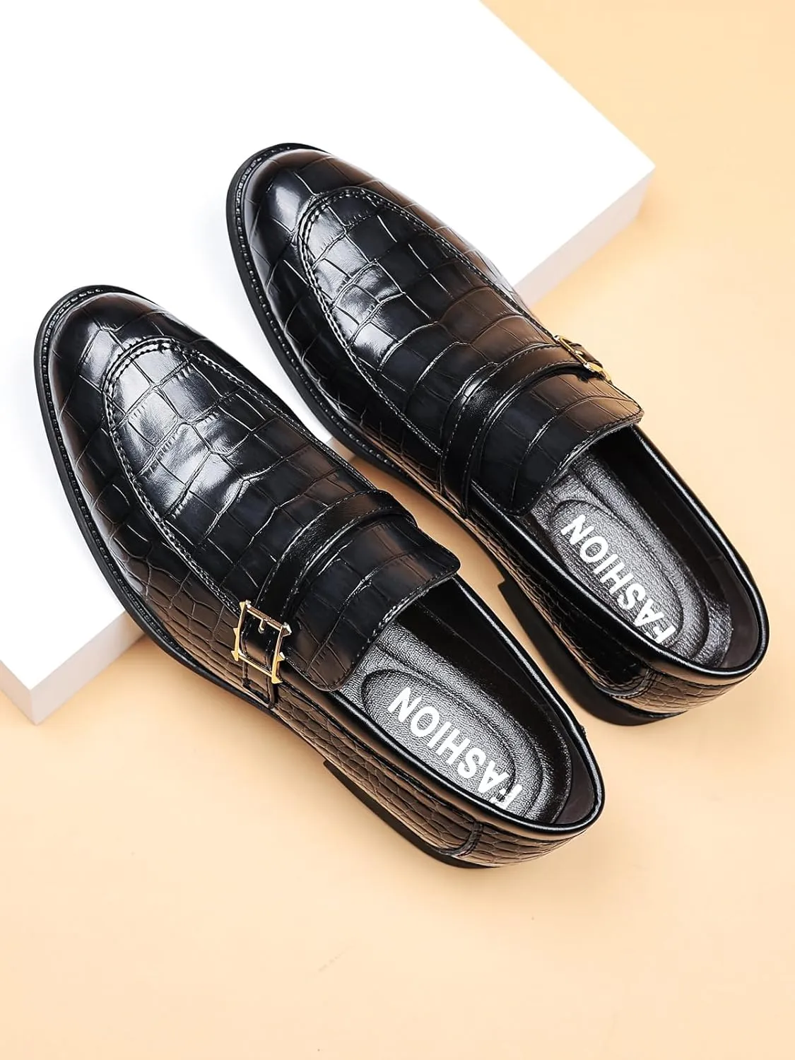 Men's Vintage Crocodile Print Strap Slip On Dress Shoes Formal Leather Loafers Business Casual Oxford