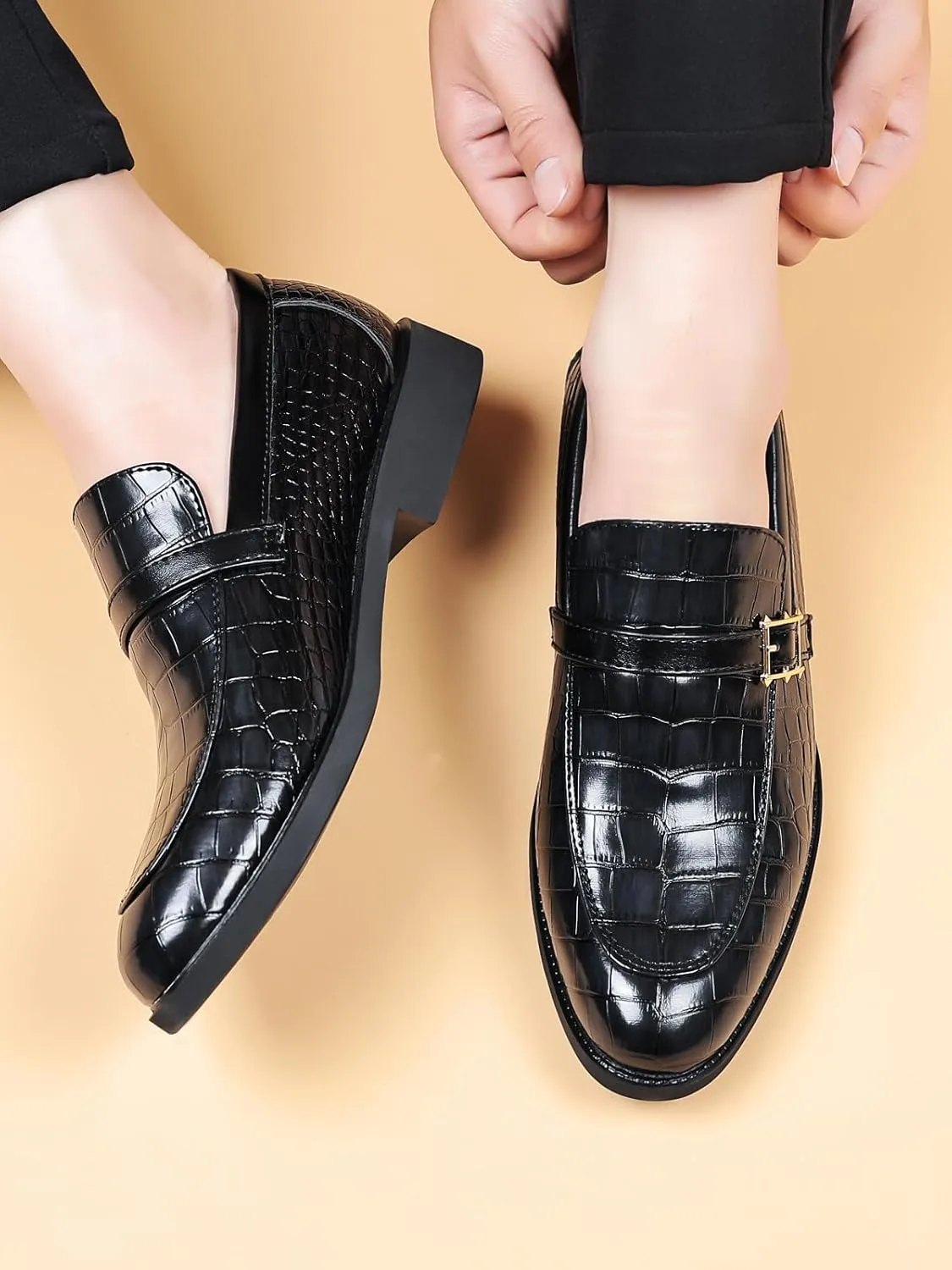 Men's Vintage Crocodile Print Strap Slip On Dress Shoes Formal Leather Loafers Business Casual Oxford