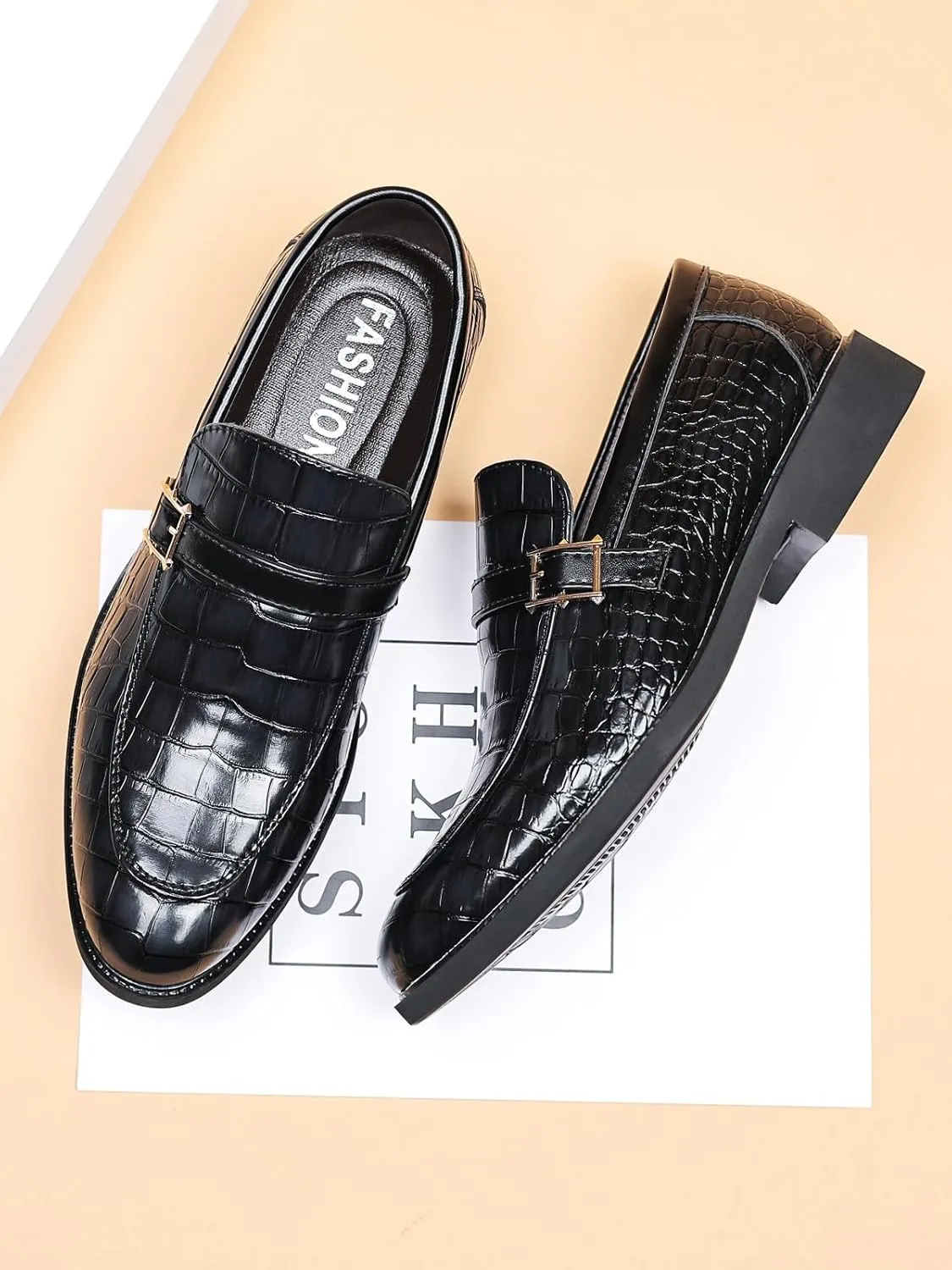 Men's Vintage Crocodile Print Strap Slip On Dress Shoes Formal Leather Loafers Business Casual Oxford