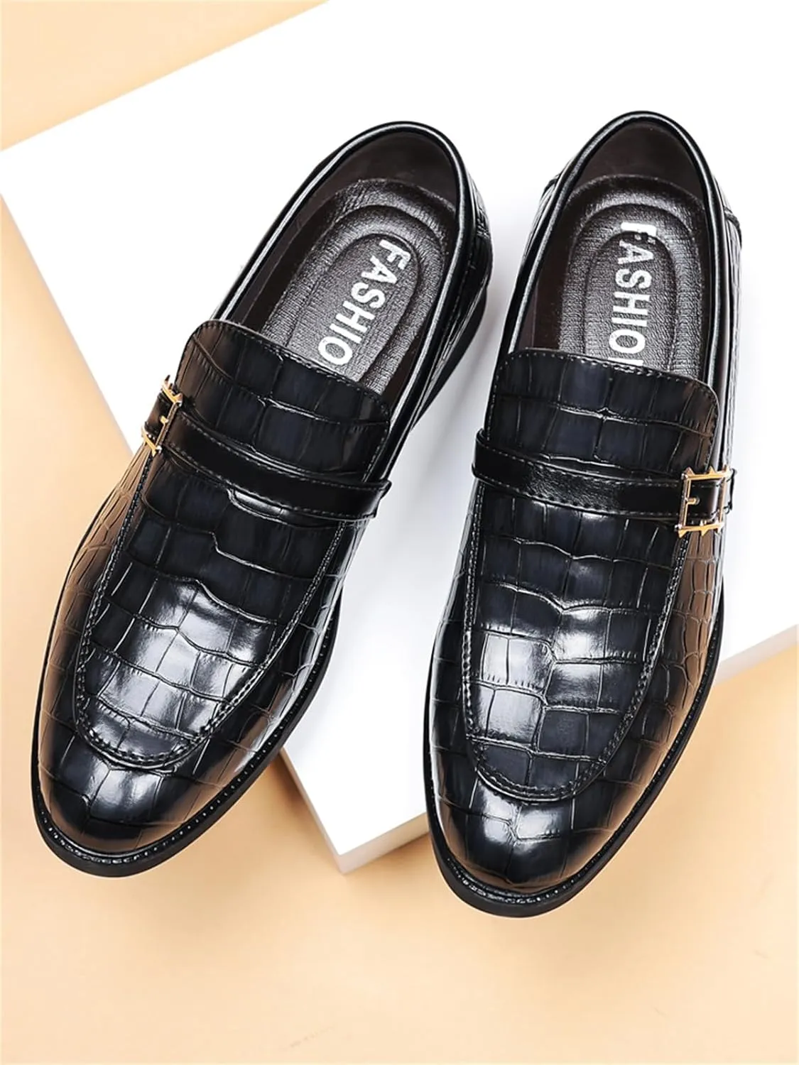 Men's Vintage Crocodile Print Strap Slip On Dress Shoes Formal Leather Loafers Business Casual Oxford