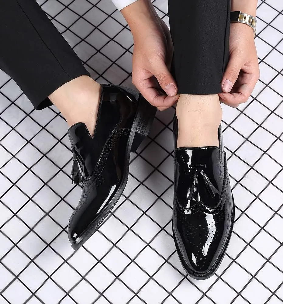 Men's Wingtip Tassel Slip On Loafers Patent Leather Lined Dress Men Casual Breathable Formal Shoes for Business Work Dating Prom