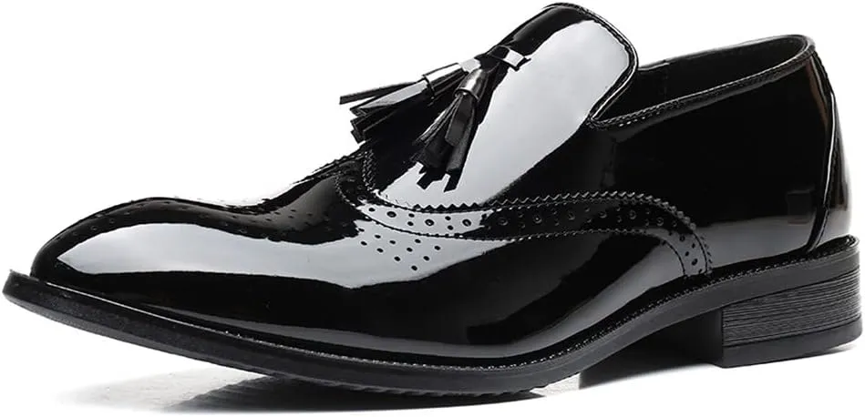 Men's Wingtip Tassel Slip On Loafers Patent Leather Lined Dress Men Casual Breathable Formal Shoes for Business Work Dating Prom
