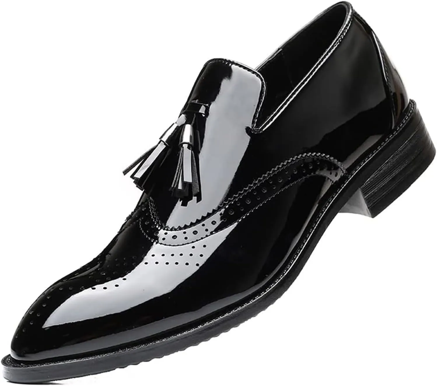 Men's Wingtip Tassel Slip On Loafers Patent Leather Lined Dress Men Casual Breathable Formal Shoes for Business Work Dating Prom