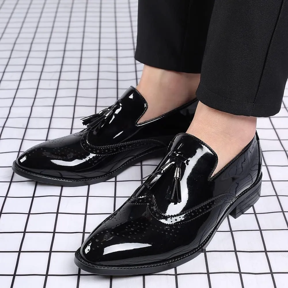 Men's Wingtip Tassel Slip On Loafers Patent Leather Lined Dress Men Casual Breathable Formal Shoes for Business Work Dating Prom