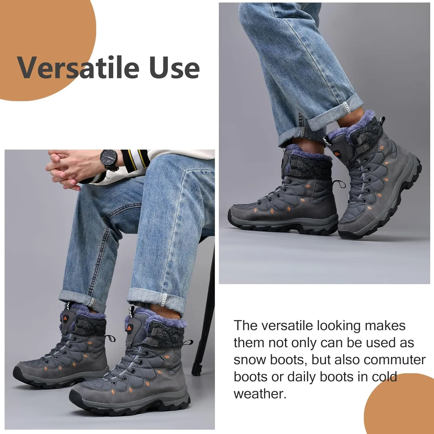 Men's Winter Snow Boots Water Resistant Non Slip Warm Outdoor Lightweight Comfortable Durable 7.1 IN Height Hiking Shoes