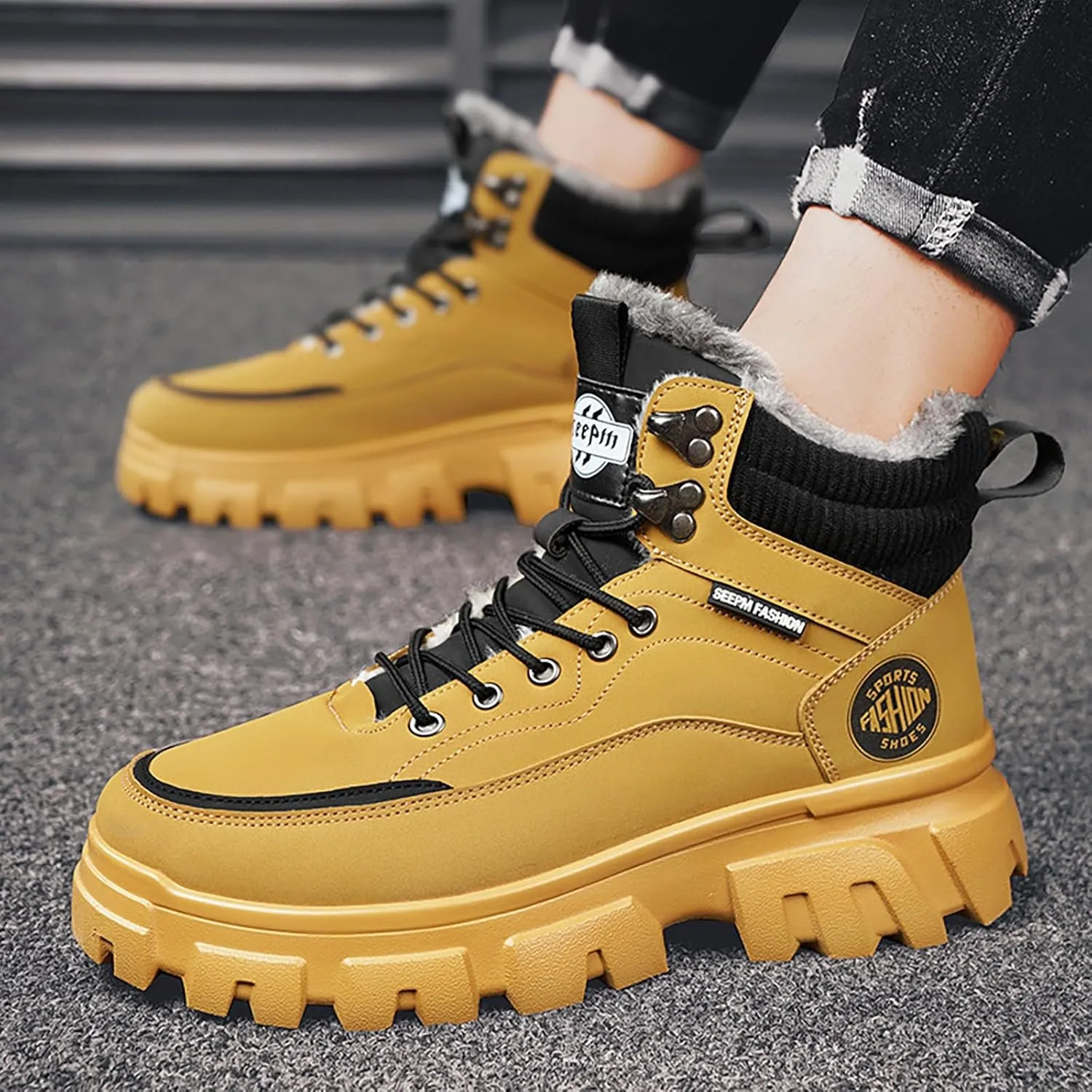 Mens Work Boots Steel Toe Hiking Sneakers with Warm Fur Lining Workout Shoes for Women with Zipper Waterproof Outdoor Shoes Lightweight Hike Grounded Footwear
