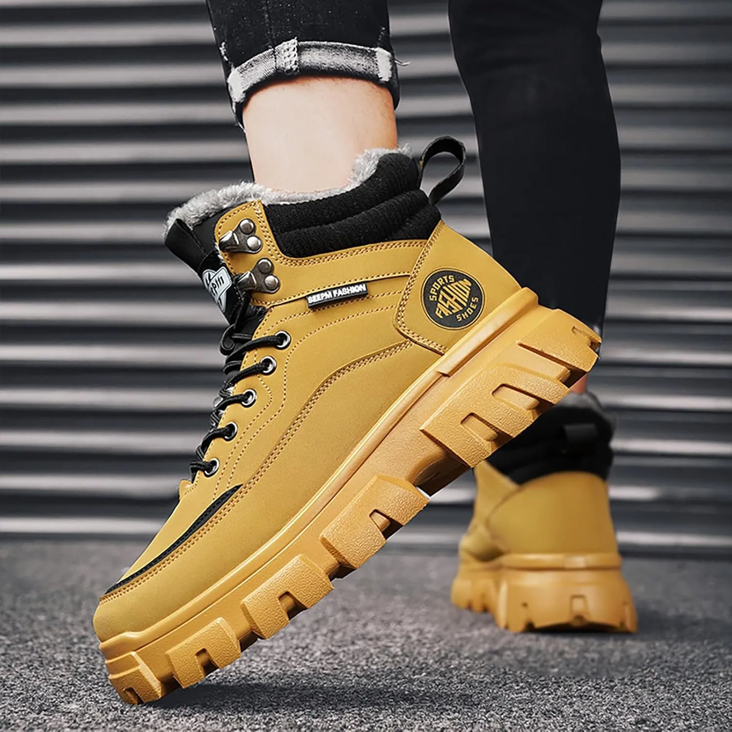 Mens Work Boots Steel Toe Hiking Sneakers with Warm Fur Lining Workout Shoes for Women with Zipper Waterproof Outdoor Shoes Lightweight Hike Grounded Footwear