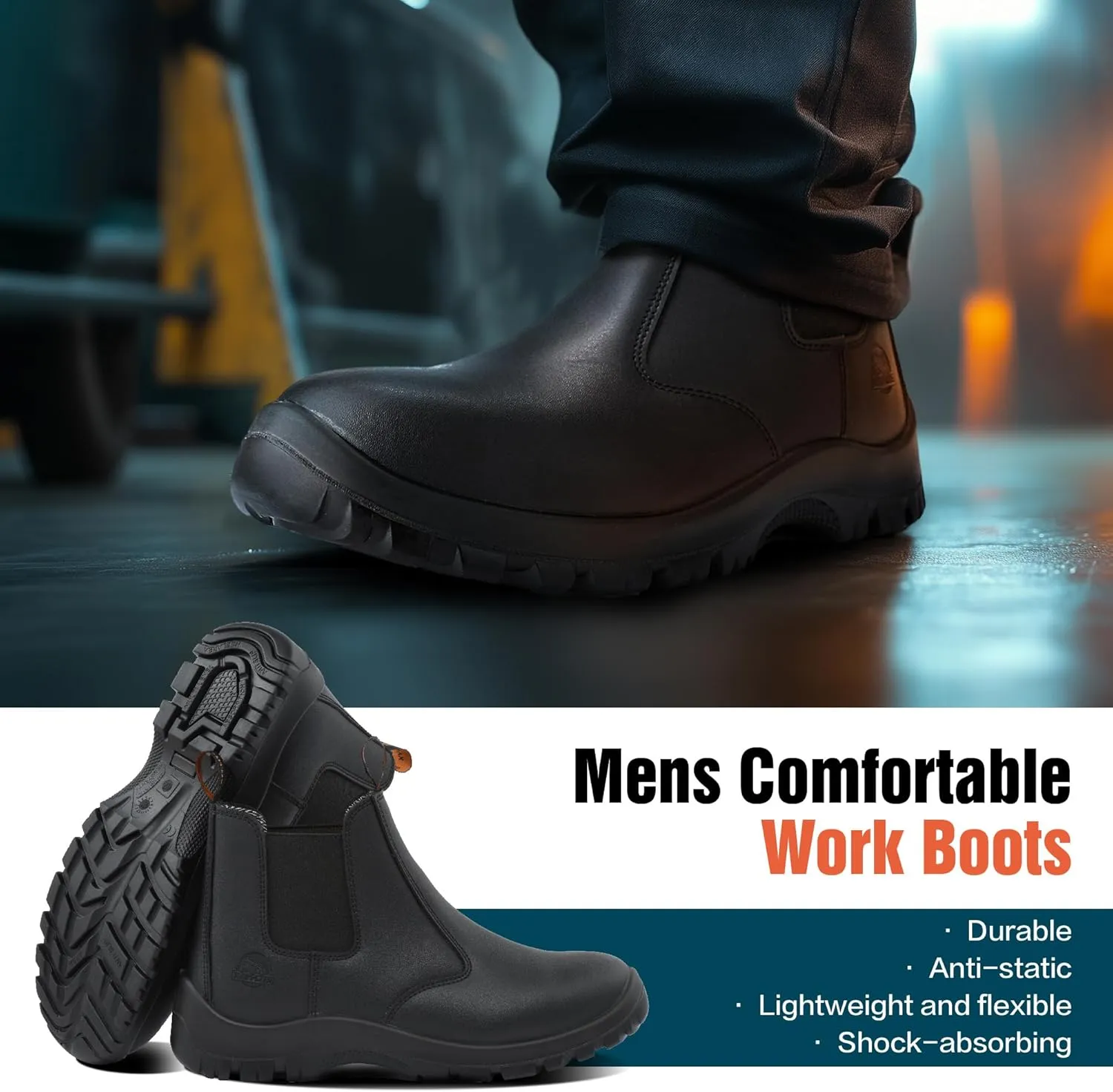Mens Work Boots,Slip On Steel Toe Chelsea Safety Boots,Waterproof Puncture-Resistant,Durable Comfortable Breathable Non Slip for Construction Industrial