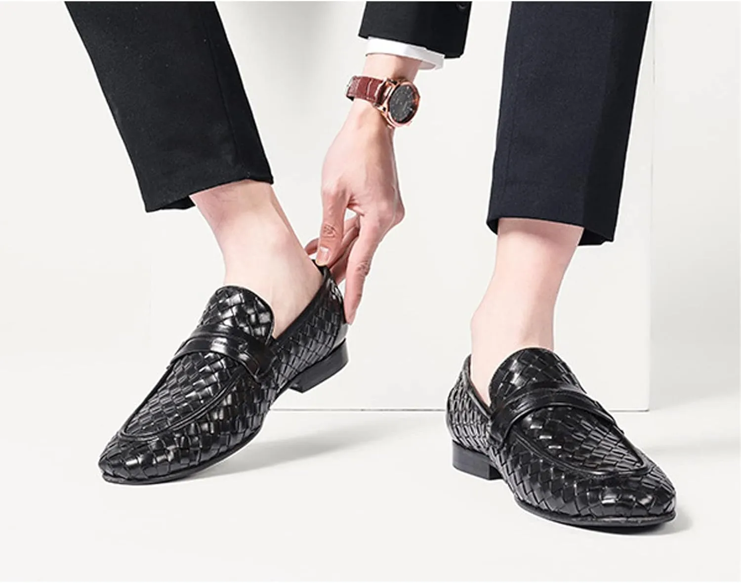 Men's Woven Leather Slip-On Formal Oxfords,Comfortable Breathable Business Flat Loafers Luxury Wedding Party Dress Shoes Soft Sole Walking Shoes