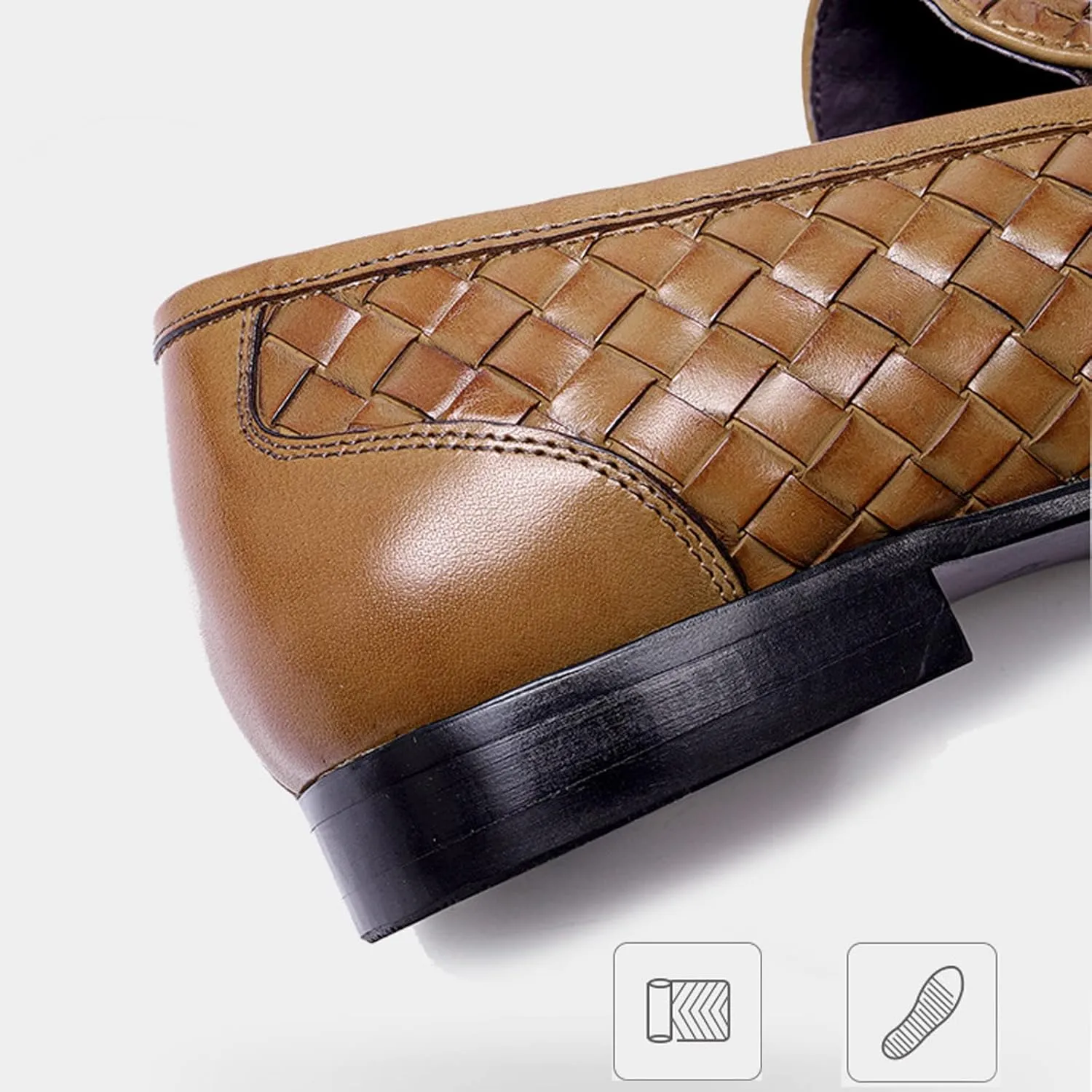 Men's Woven Leather Slip-On Formal Oxfords,Comfortable Breathable Business Flat Loafers Luxury Wedding Party Dress Shoes Soft Sole Walking Shoes