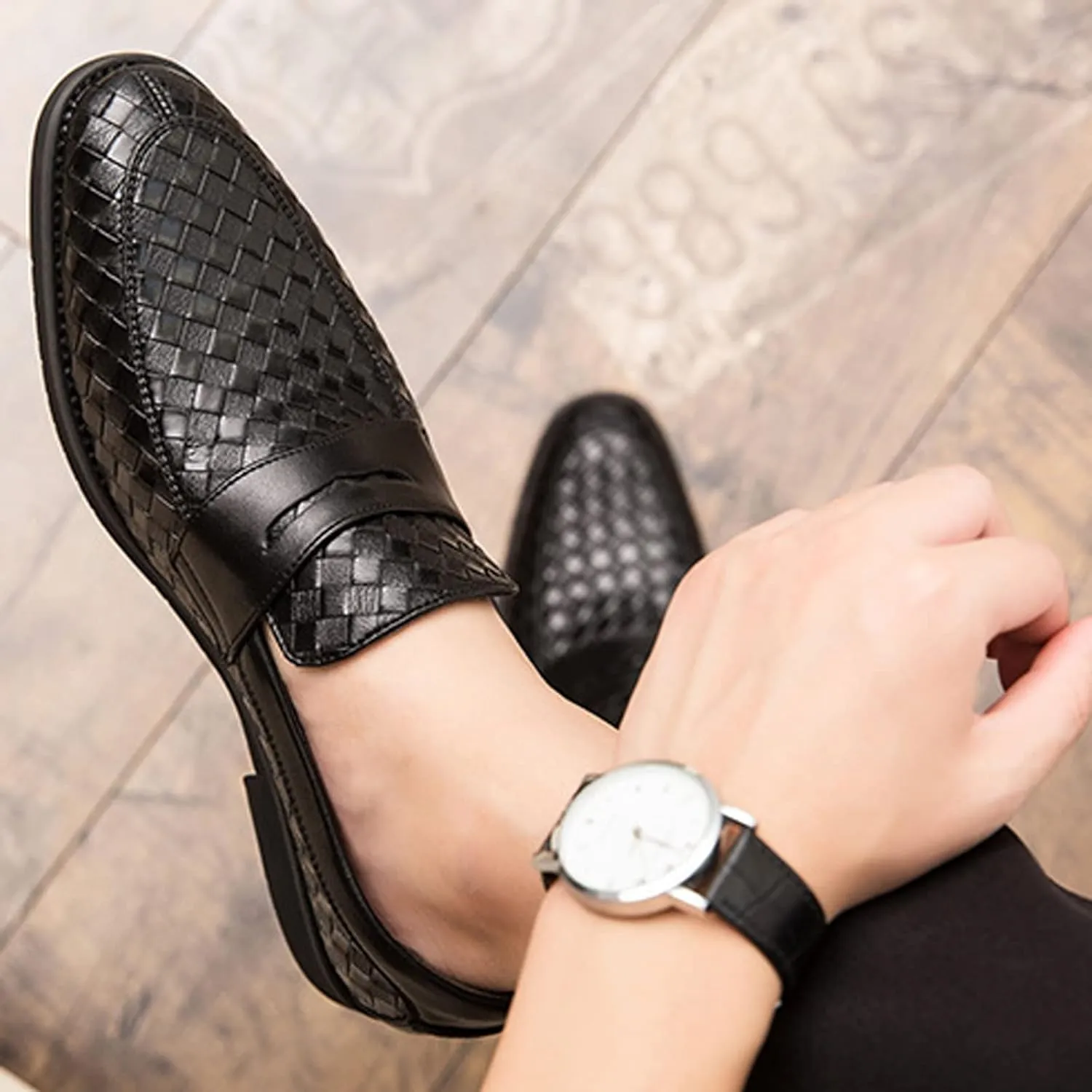 Men's Woven Leather Slip-On Formal Oxfords,Comfortable Breathable Business Flat Loafers Luxury Wedding Party Dress Shoes Soft Sole Walking Shoes