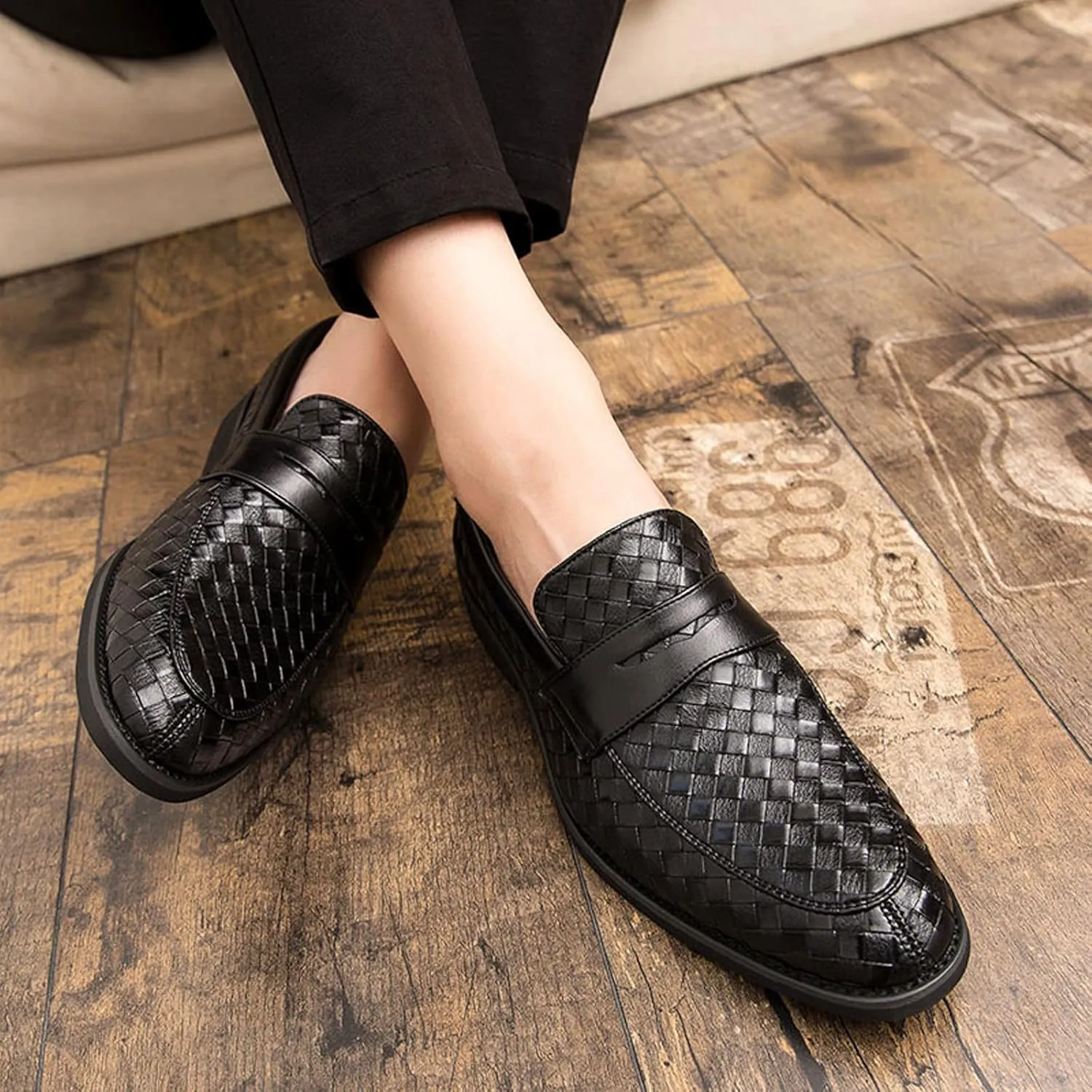 Men's Woven Leather Slip-On Formal Oxfords,Comfortable Breathable Business Flat Loafers Luxury Wedding Party Dress Shoes Soft Sole Walking Shoes