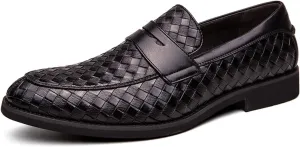 Men's Woven Leather Slip-On Formal Oxfords,Comfortable Breathable Business Flat Loafers Luxury Wedding Party Dress Shoes Soft Sole Walking Shoes