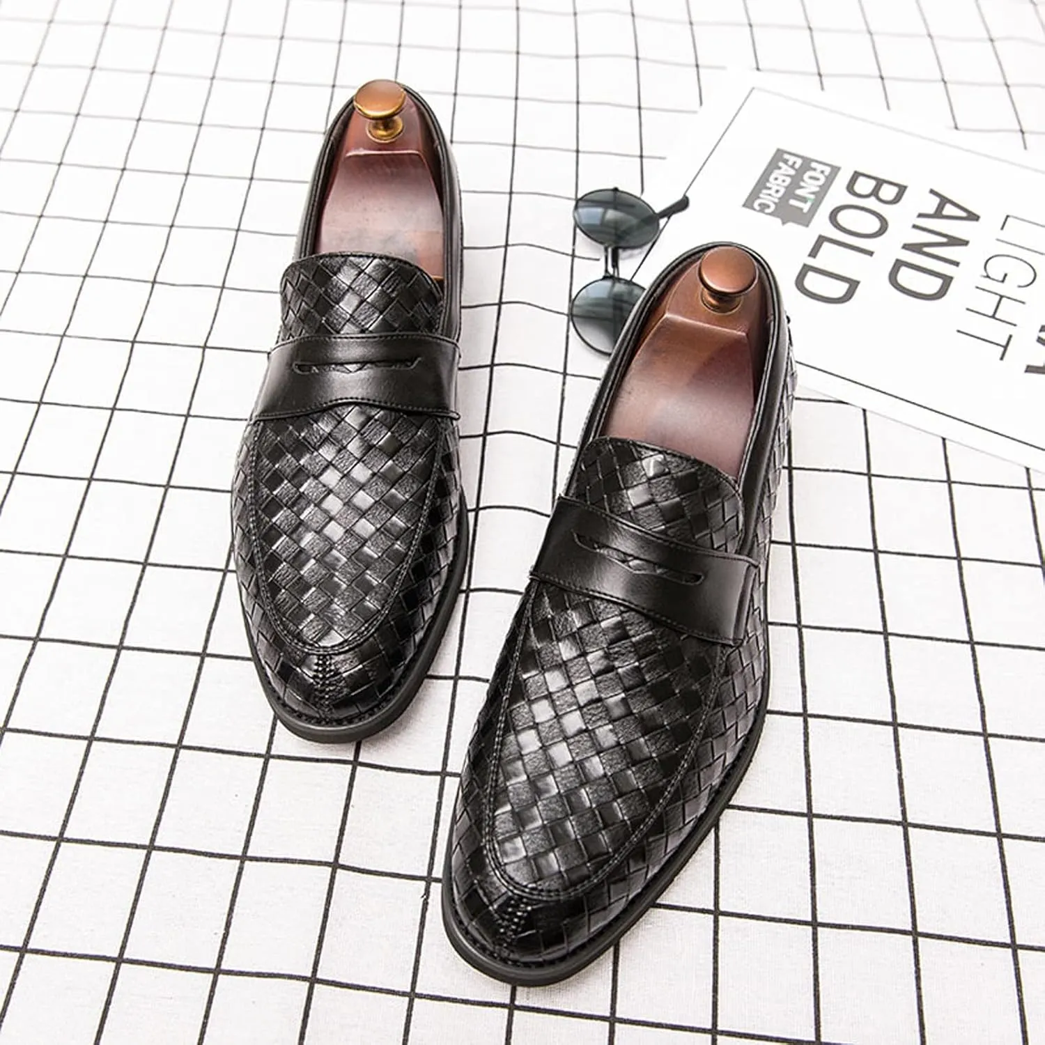 Men's Woven Leather Slip-On Formal Oxfords,Comfortable Breathable Business Flat Loafers Luxury Wedding Party Dress Shoes Soft Sole Walking Shoes