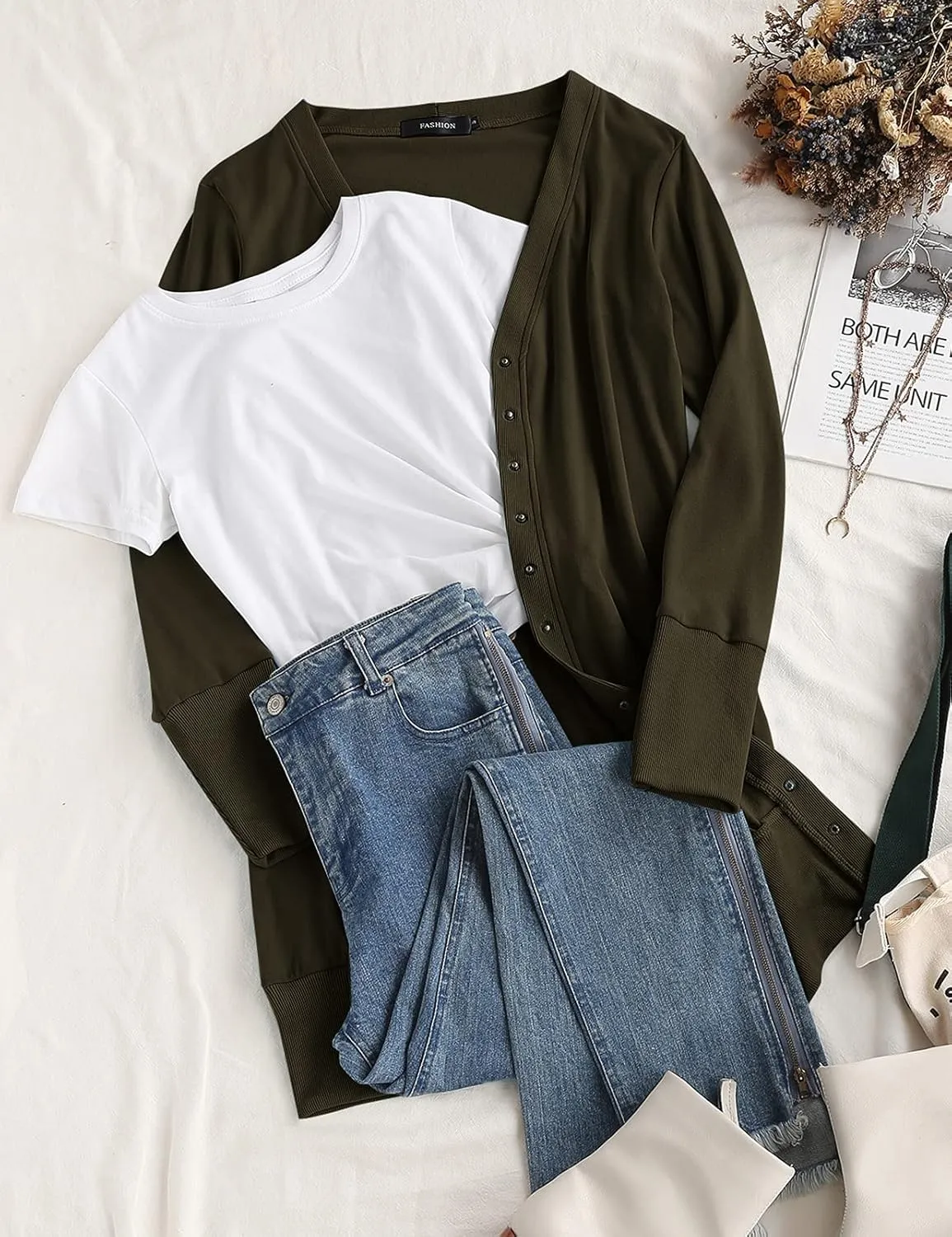 MEROKEETY Women's 2024 Fall Long Sleeve Snap Button Down Solid Color Knit Ribbed Neckline Cardigans