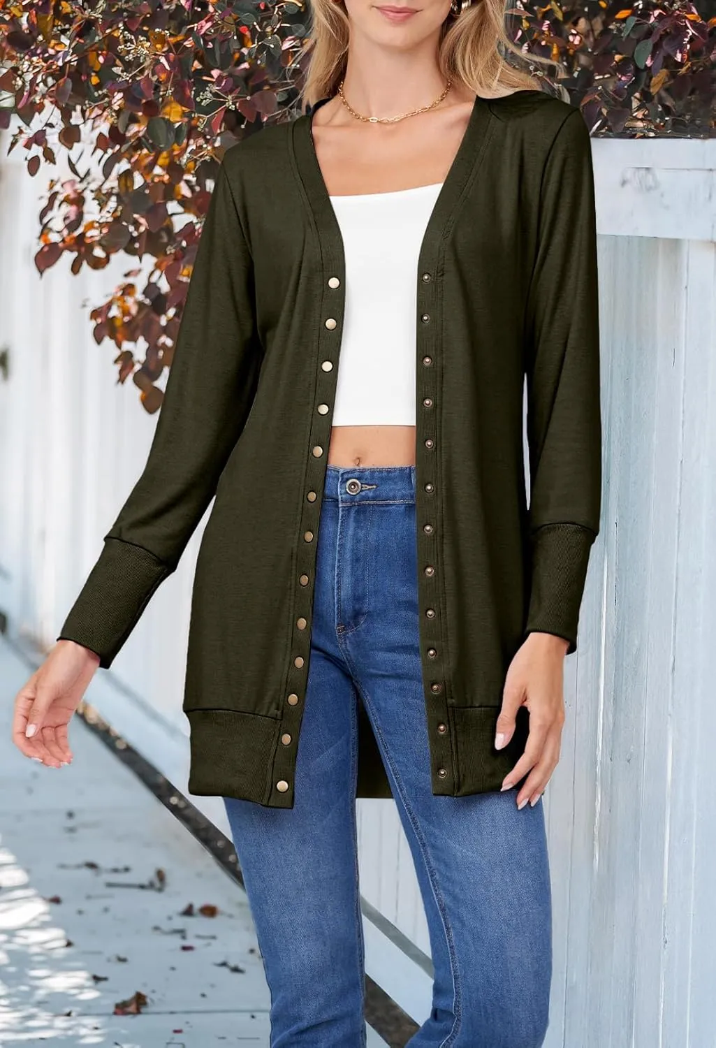 MEROKEETY Women's 2024 Fall Long Sleeve Snap Button Down Solid Color Knit Ribbed Neckline Cardigans
