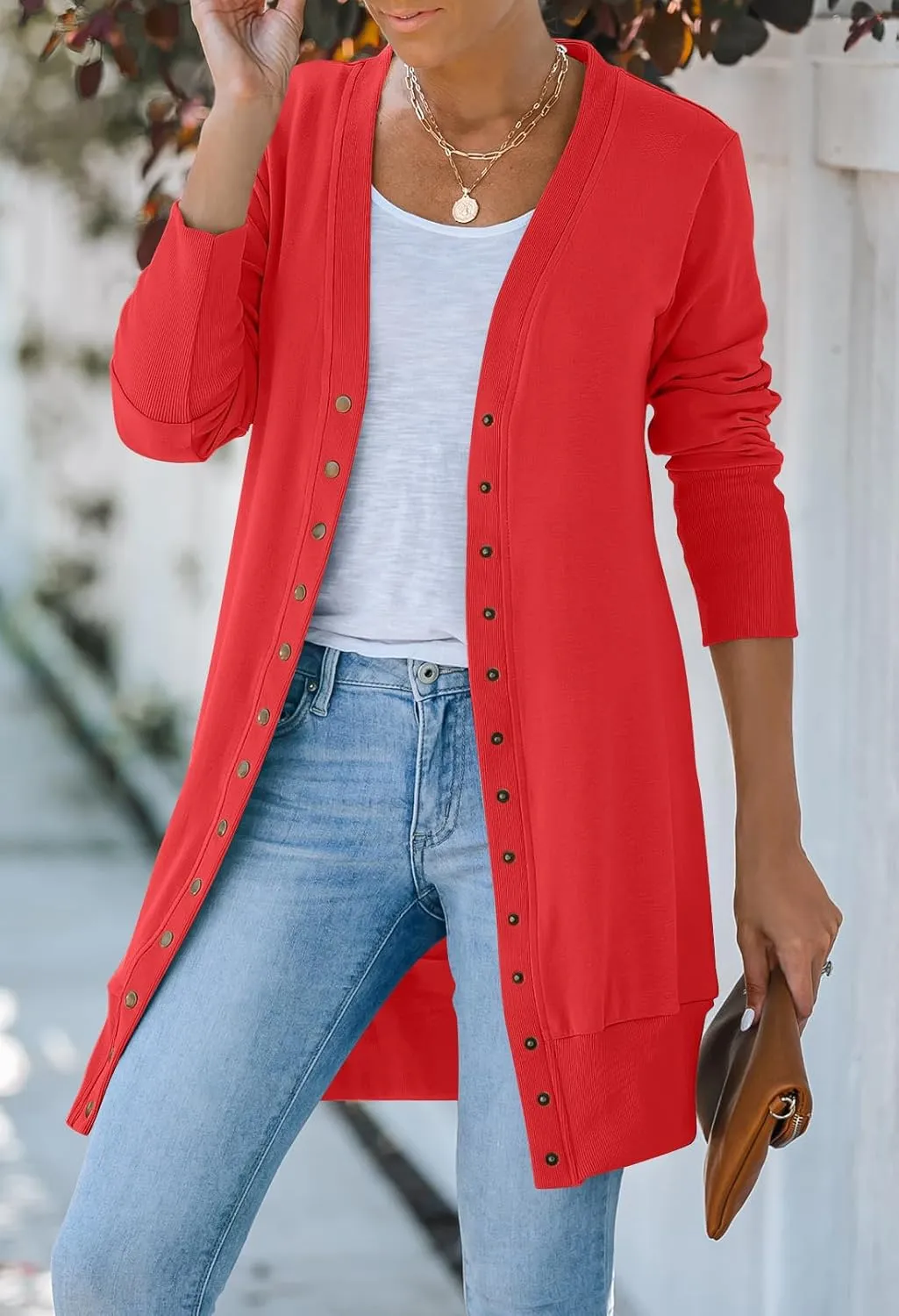 MEROKEETY Women's 2024 Fall Long Sleeve Snap Button Down Solid Color Knit Ribbed Neckline Cardigans
