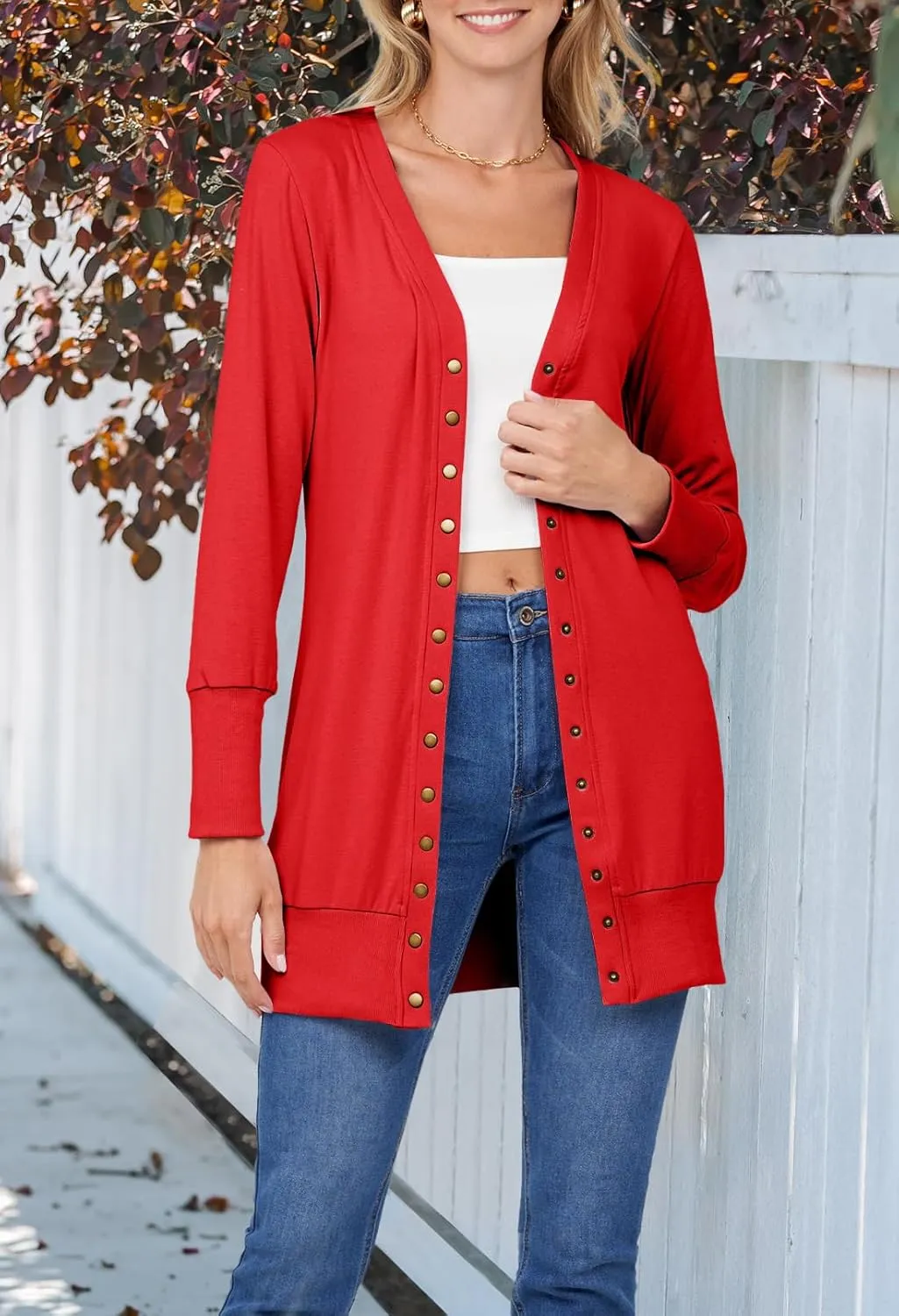 MEROKEETY Women's 2024 Fall Long Sleeve Snap Button Down Solid Color Knit Ribbed Neckline Cardigans