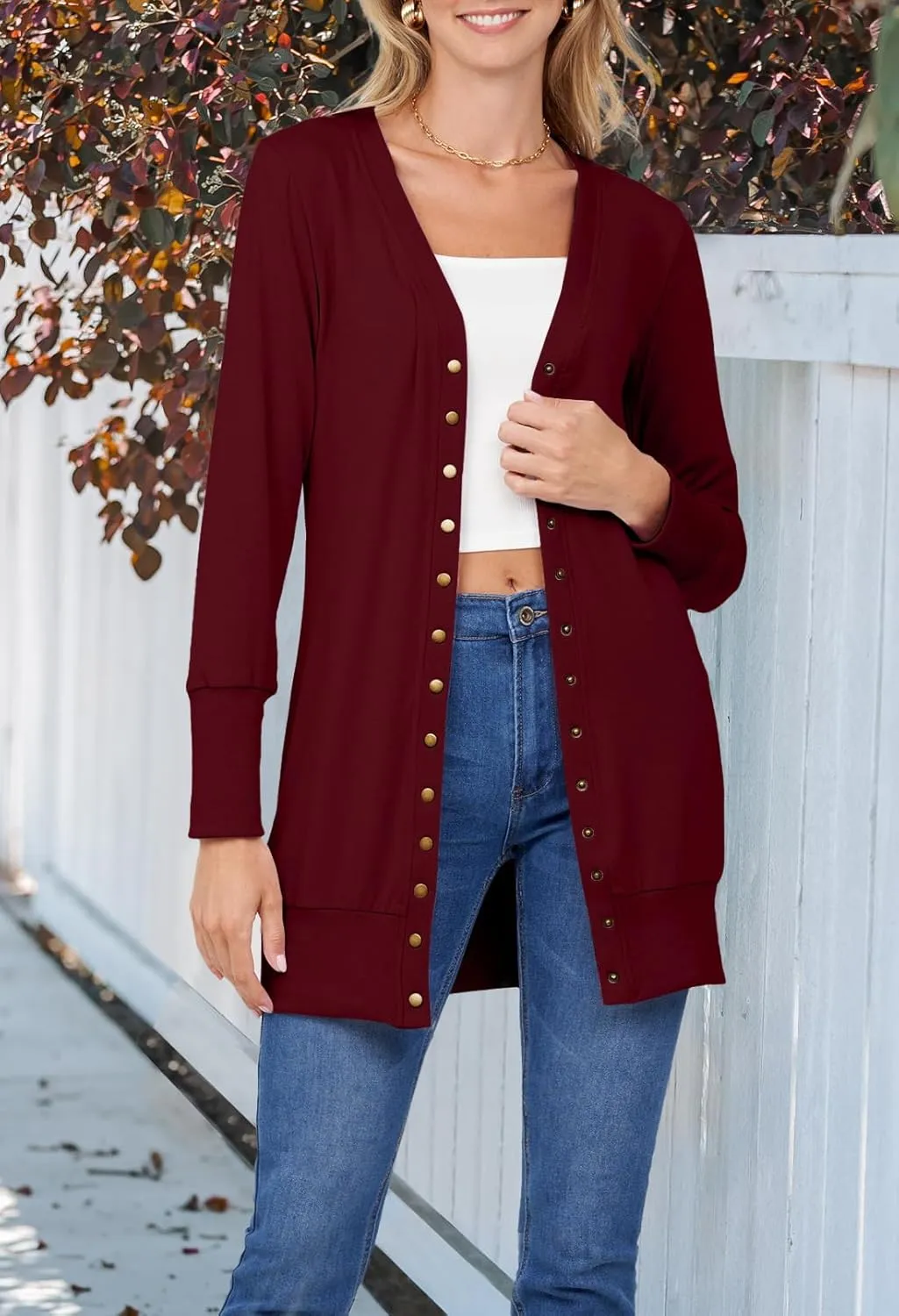 MEROKEETY Women's 2024 Fall Long Sleeve Snap Button Down Solid Color Knit Ribbed Neckline Cardigans