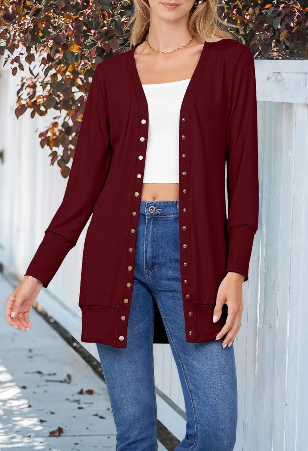 MEROKEETY Women's 2024 Fall Long Sleeve Snap Button Down Solid Color Knit Ribbed Neckline Cardigans
