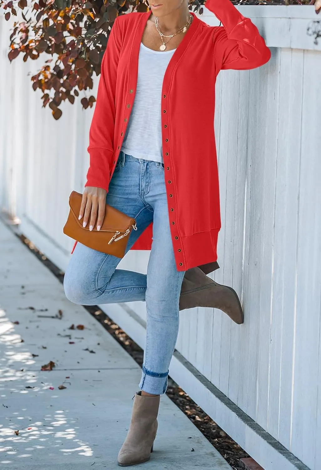 MEROKEETY Women's 2024 Fall Long Sleeve Snap Button Down Solid Color Knit Ribbed Neckline Cardigans