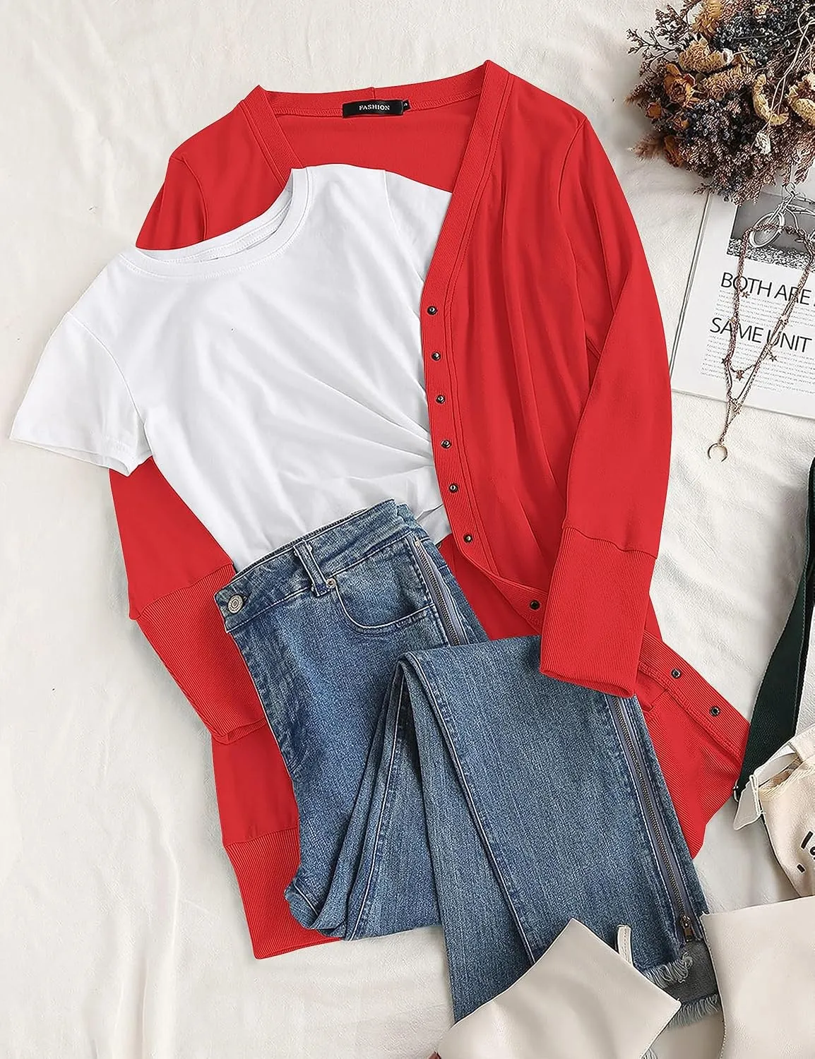 MEROKEETY Women's 2024 Fall Long Sleeve Snap Button Down Solid Color Knit Ribbed Neckline Cardigans