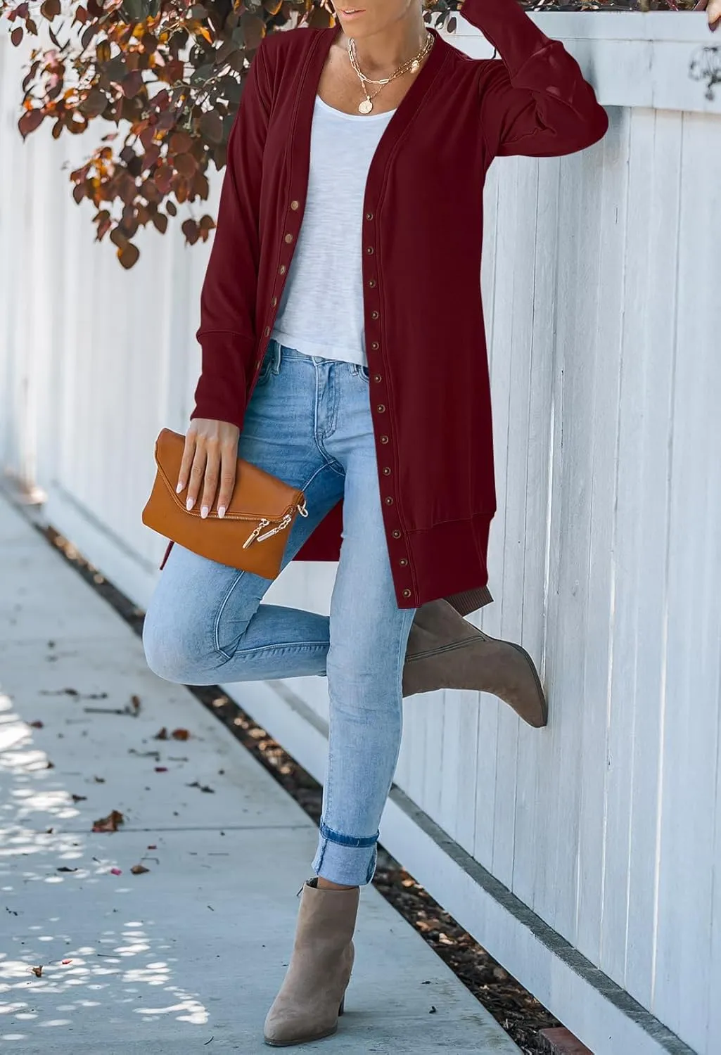MEROKEETY Women's 2024 Fall Long Sleeve Snap Button Down Solid Color Knit Ribbed Neckline Cardigans