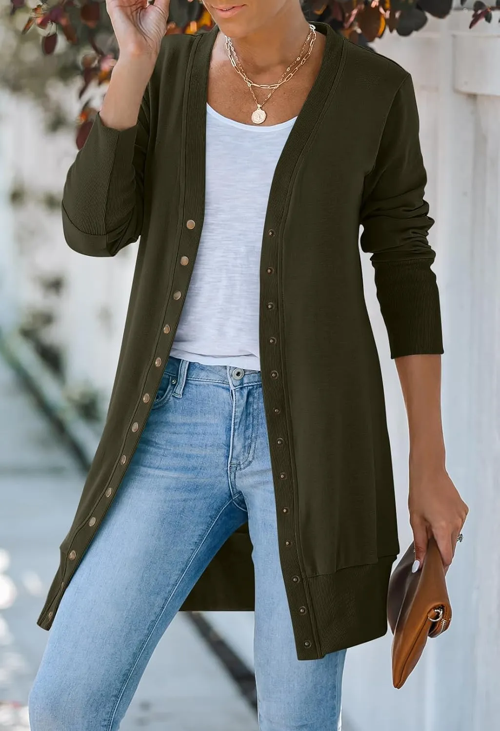 MEROKEETY Women's 2024 Fall Long Sleeve Snap Button Down Solid Color Knit Ribbed Neckline Cardigans